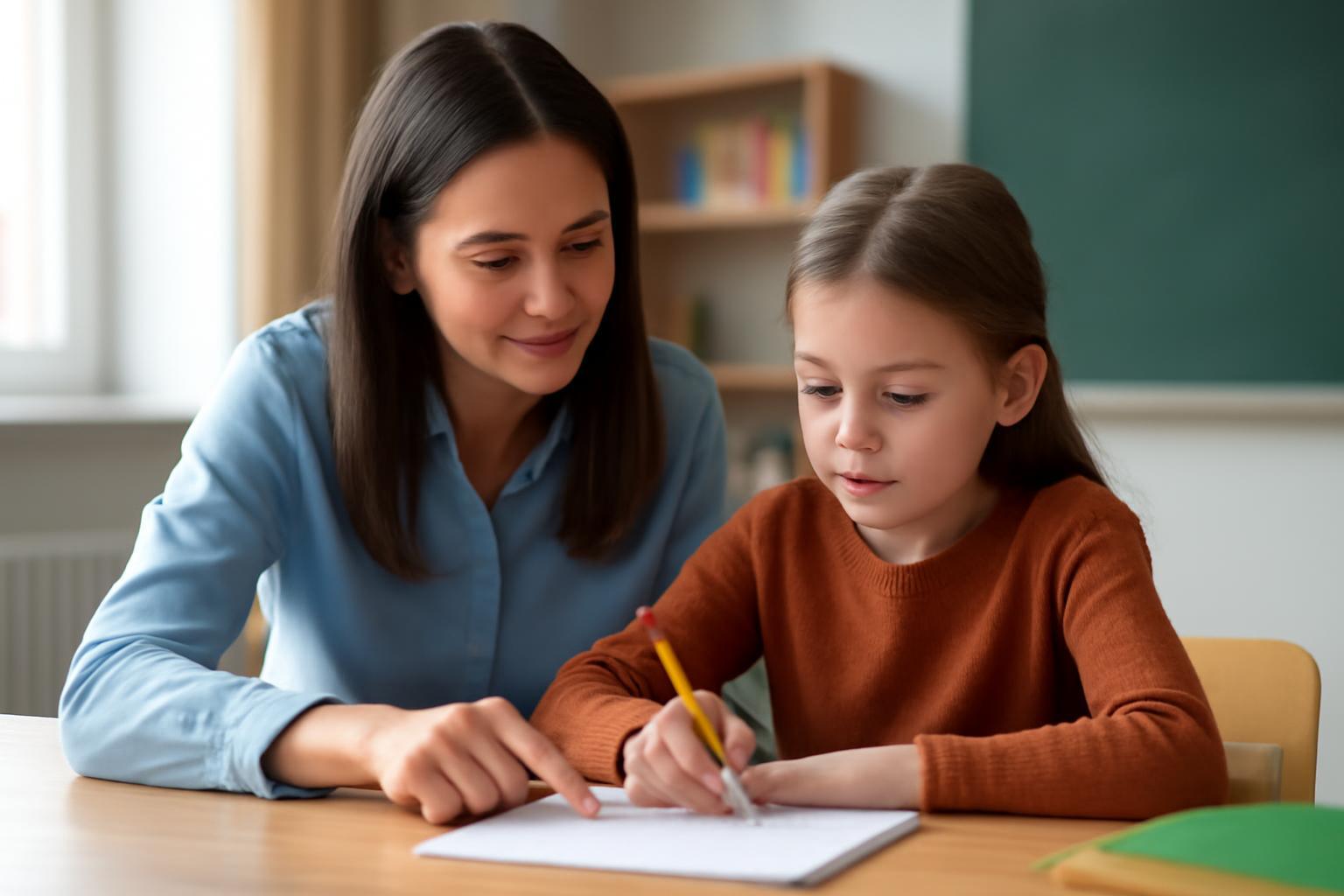 Egy pedagógiai asszisztens segít egy gyermeknek a tanulásban az iskolában.
