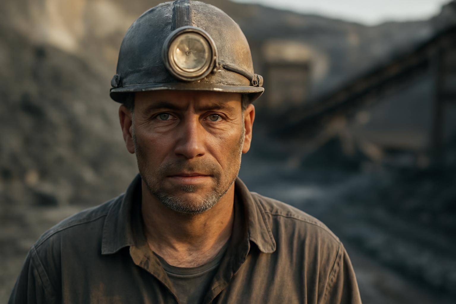 Egy bányász áll a bánya területén, fáradt, de elszánt arccal.