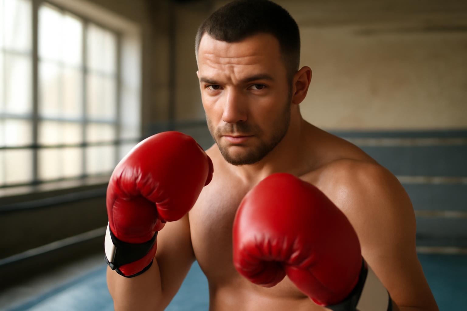 Egy boxoló piros kesztyűben, edzőteremben, koncentrált arckifejezéssel.