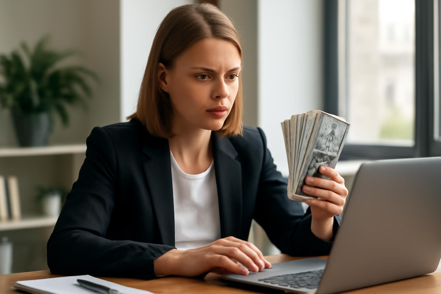 Egy brand manager női szakember pénzt számol a laptop előtt ülve.