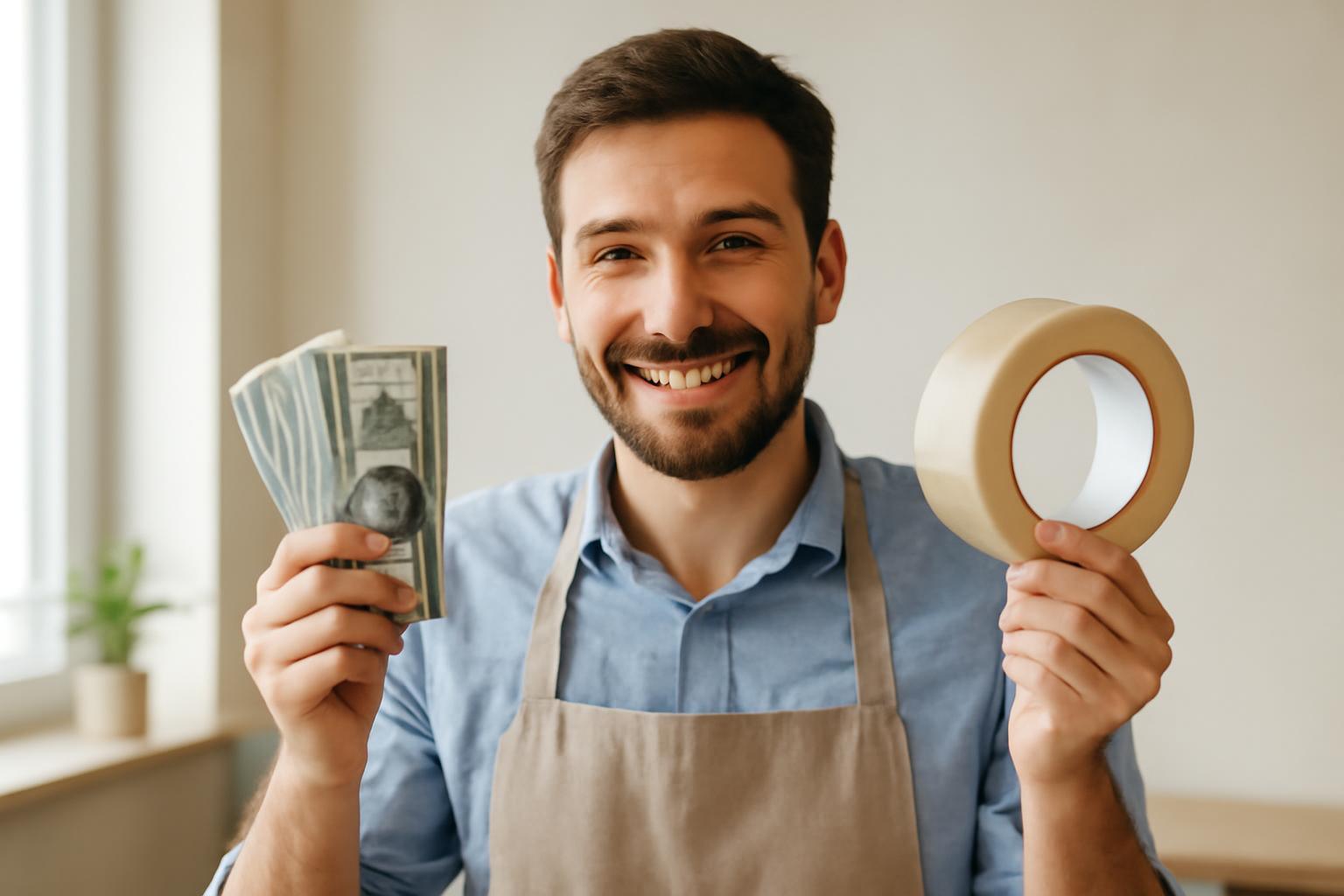 Egy mosolygó férfi pénzt és celluxot tart a kezében, vidám hangulatban.
