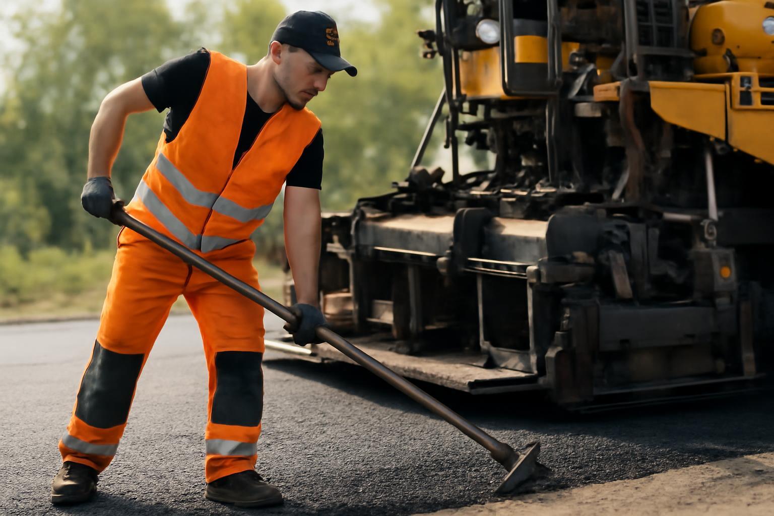 Egy aszfaltozó munkás narancssárga munkaruhában aszfaltot simít az úton.