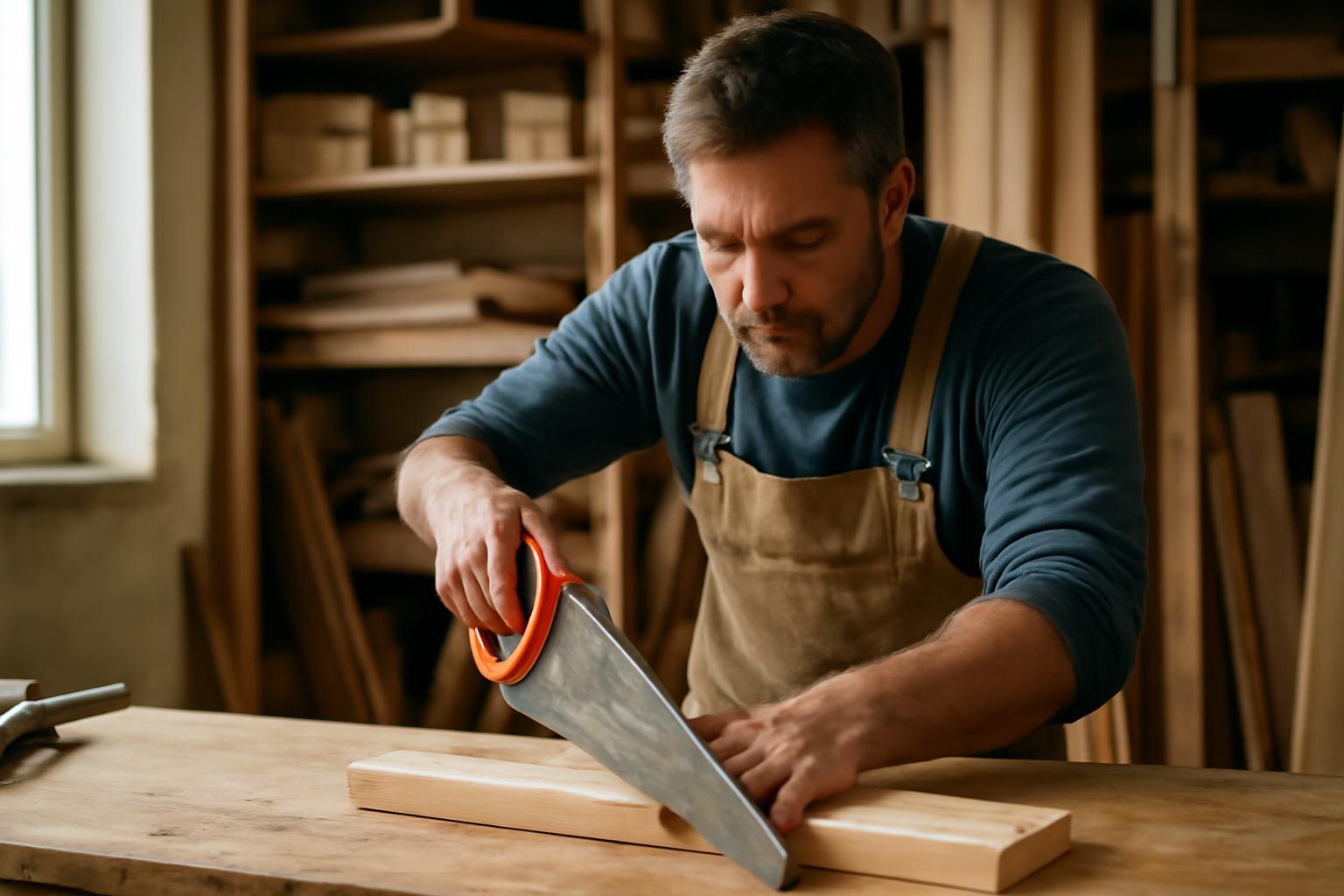 Egy asztalos fát vág egy műhelyben, figyelmesen dolgozik.