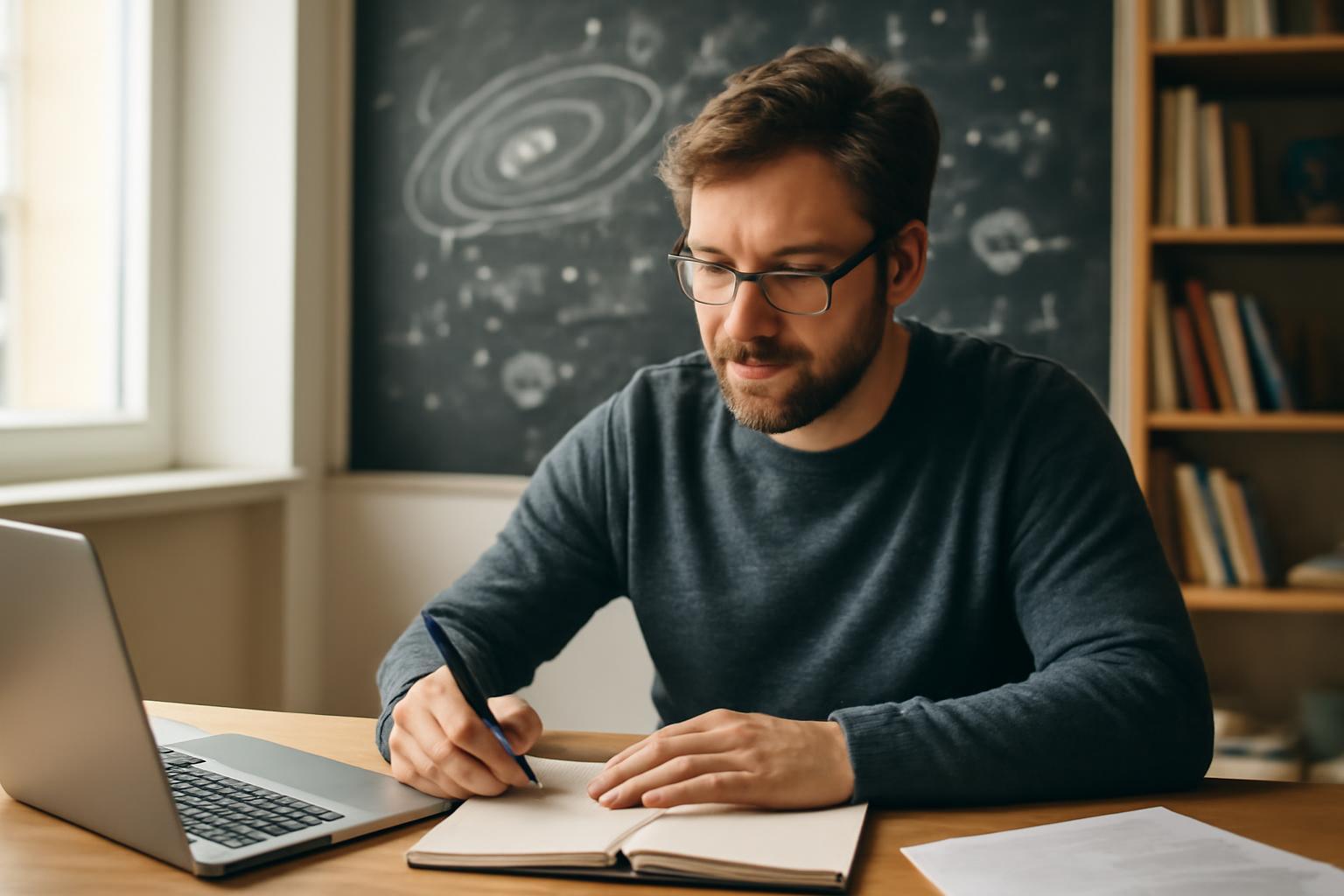 Egy asztrofizikus jegyzetel egy laptop mellett, háttérben csillagászati ábrák.