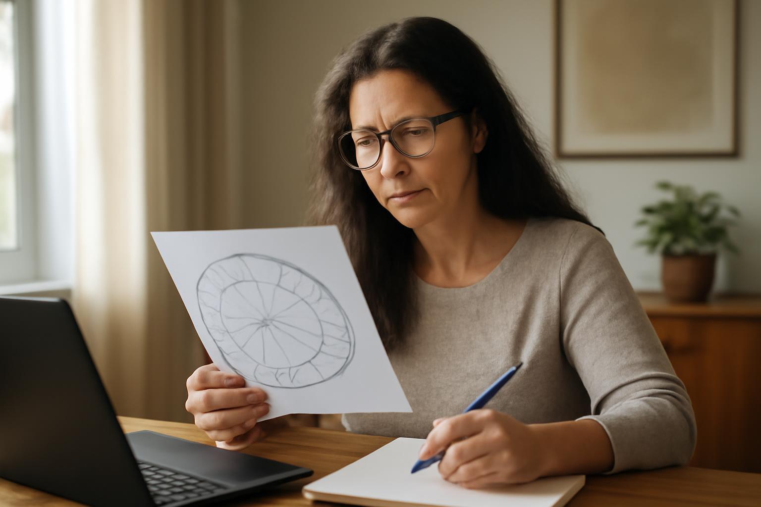 Egy asztrológus nő figyelmesen nézi a horoszkópját, jegyzetel.