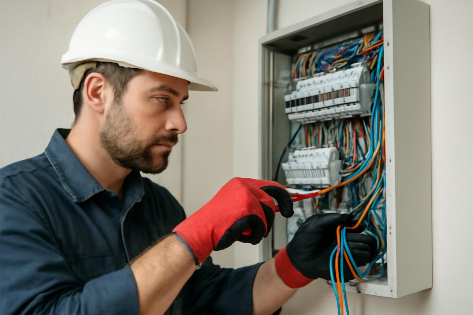 Egy átalakító villanyszerelő éppen vezetéket szerel egy elosztópanelen.