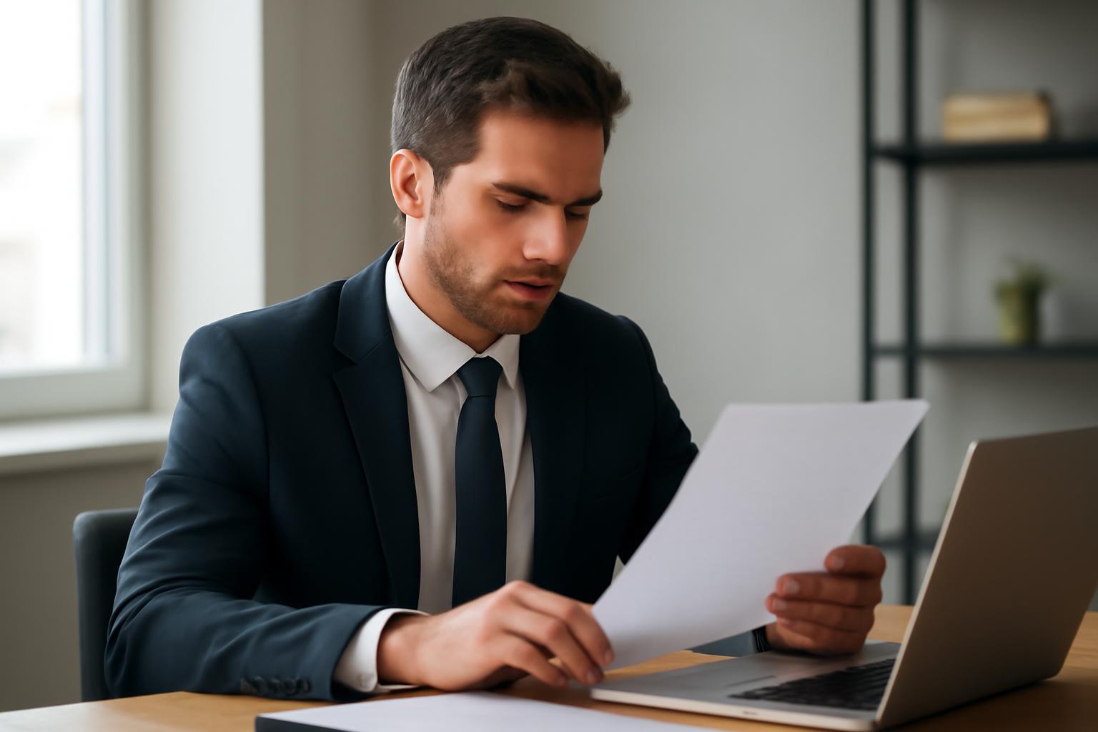 Egy fiatal férfi öltönyben, dokumentumokat nézve egy asztalnál ül.