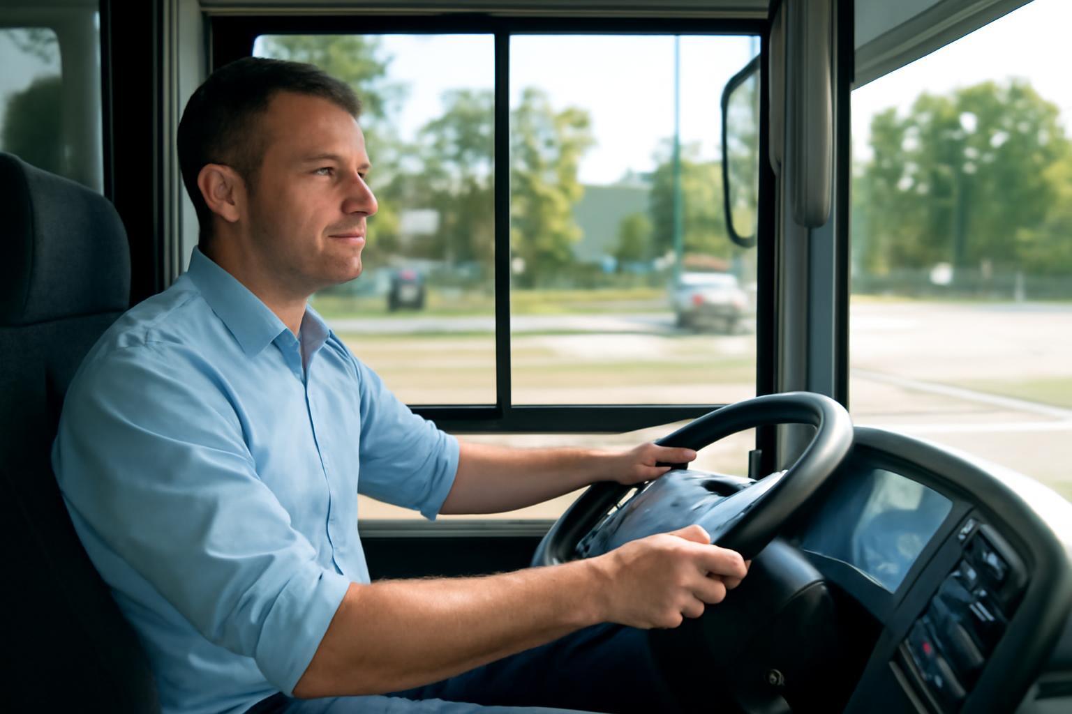 Egy autóbuszvezető a volánnál ül, figyelmesen néz az útra.