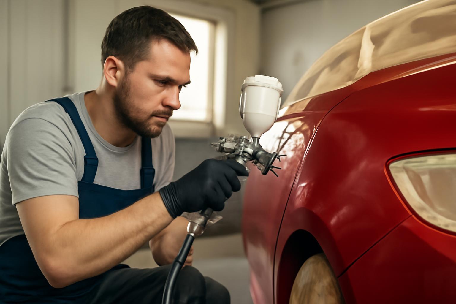 Egy autófényező precízen dolgozik egy piros autó fényezésén.