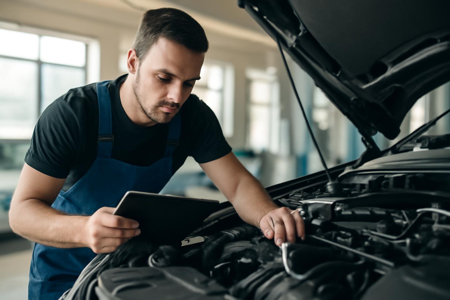 Egy autóipari technikus tabletet használ, miközben egy autó motorját ellenőrzi.