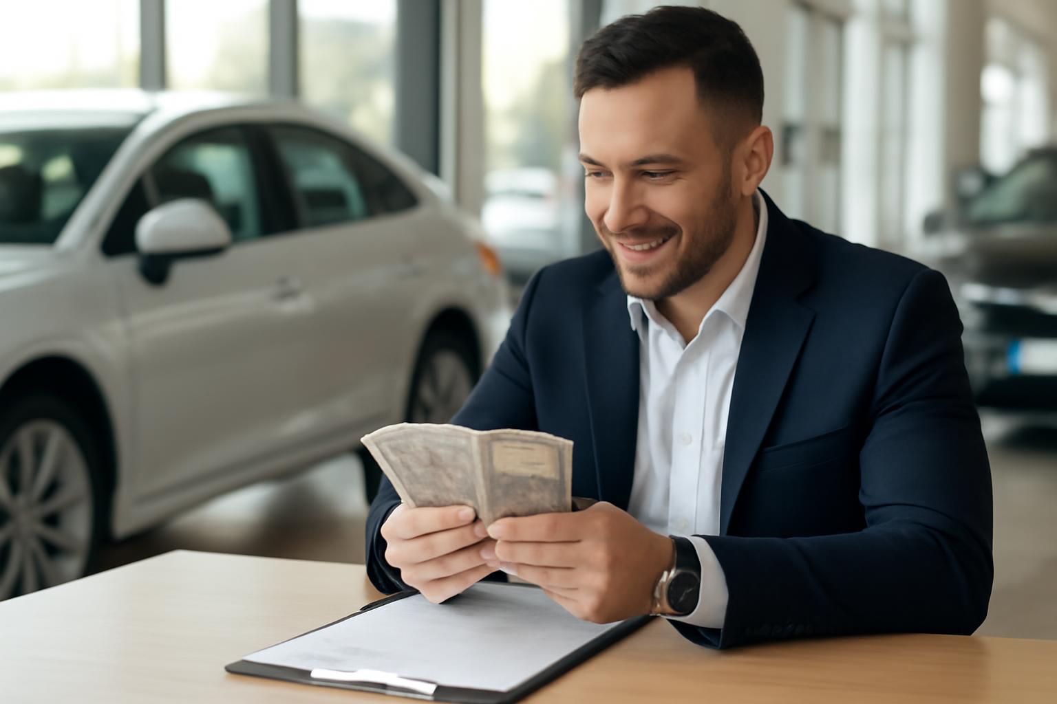 Egy autókereskedő boldogan számolja a pénzt az irodájában.