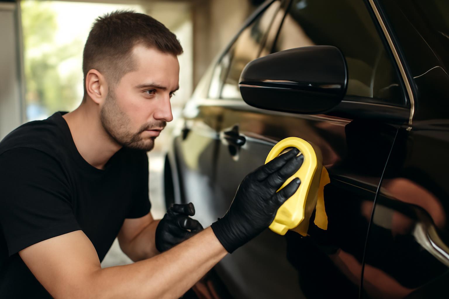 Egy autókozmetikus a fekete autó karosszériáját tisztítja, figyelmesen dolgozik.