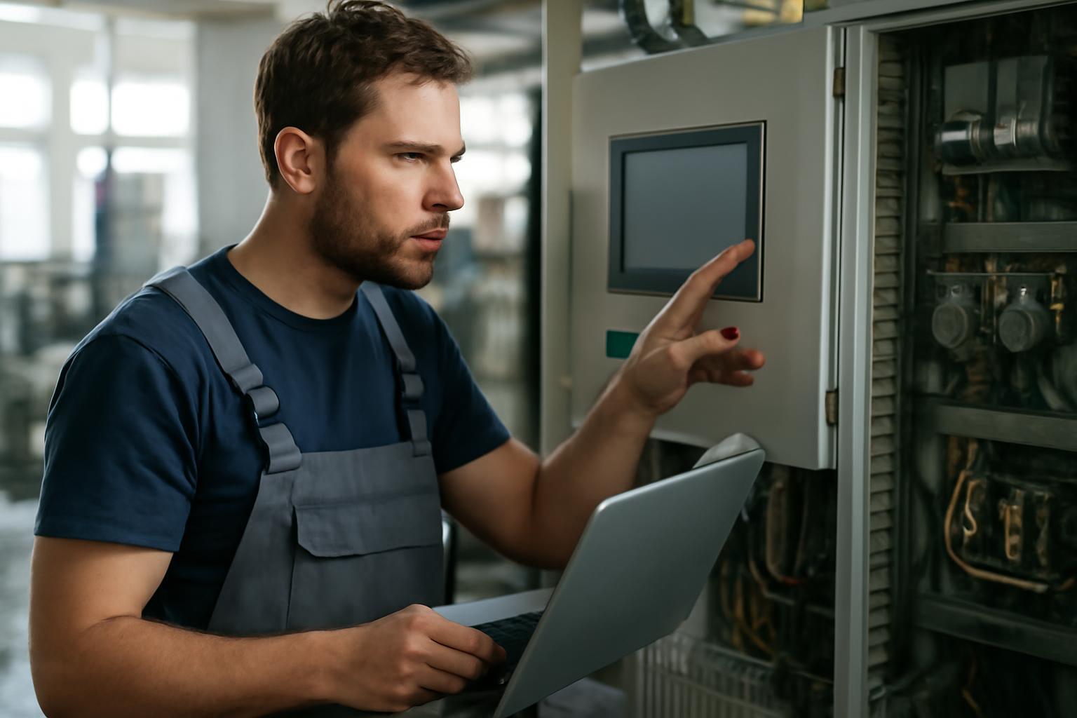 Egy automatikai technikus laptopot használ, miközben egy vezérlőpanelt vizsgál.