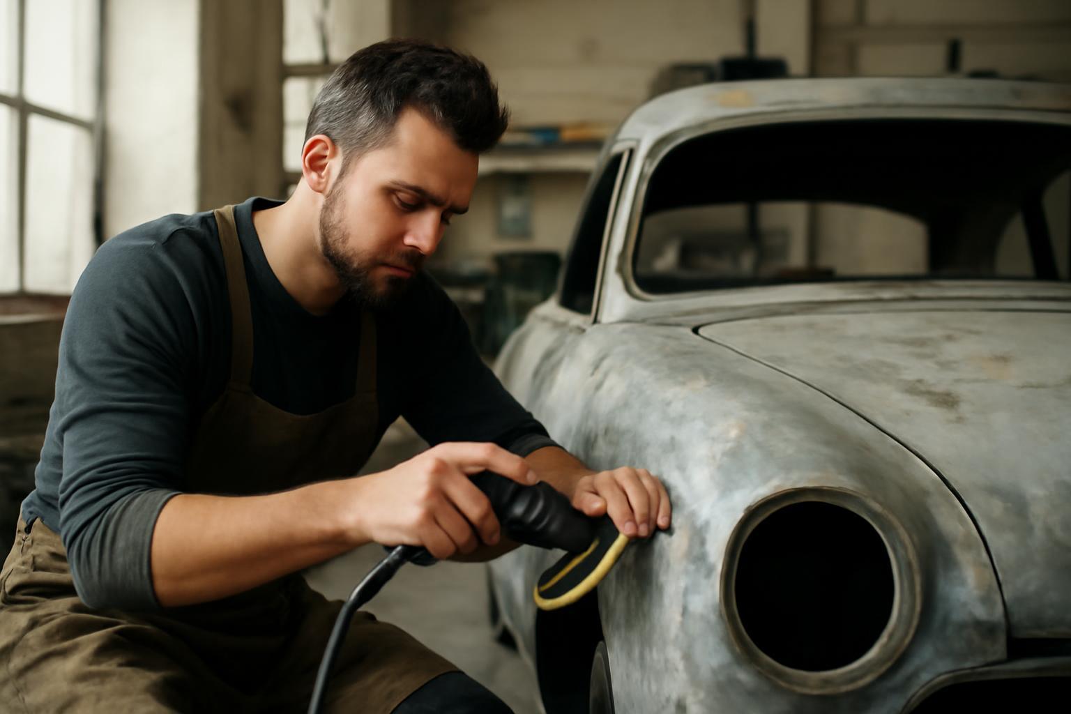 Egy autórestaurátor dolgozik egy régi autó fényezésén, figyelmesen használva egy polírozó gépet.
