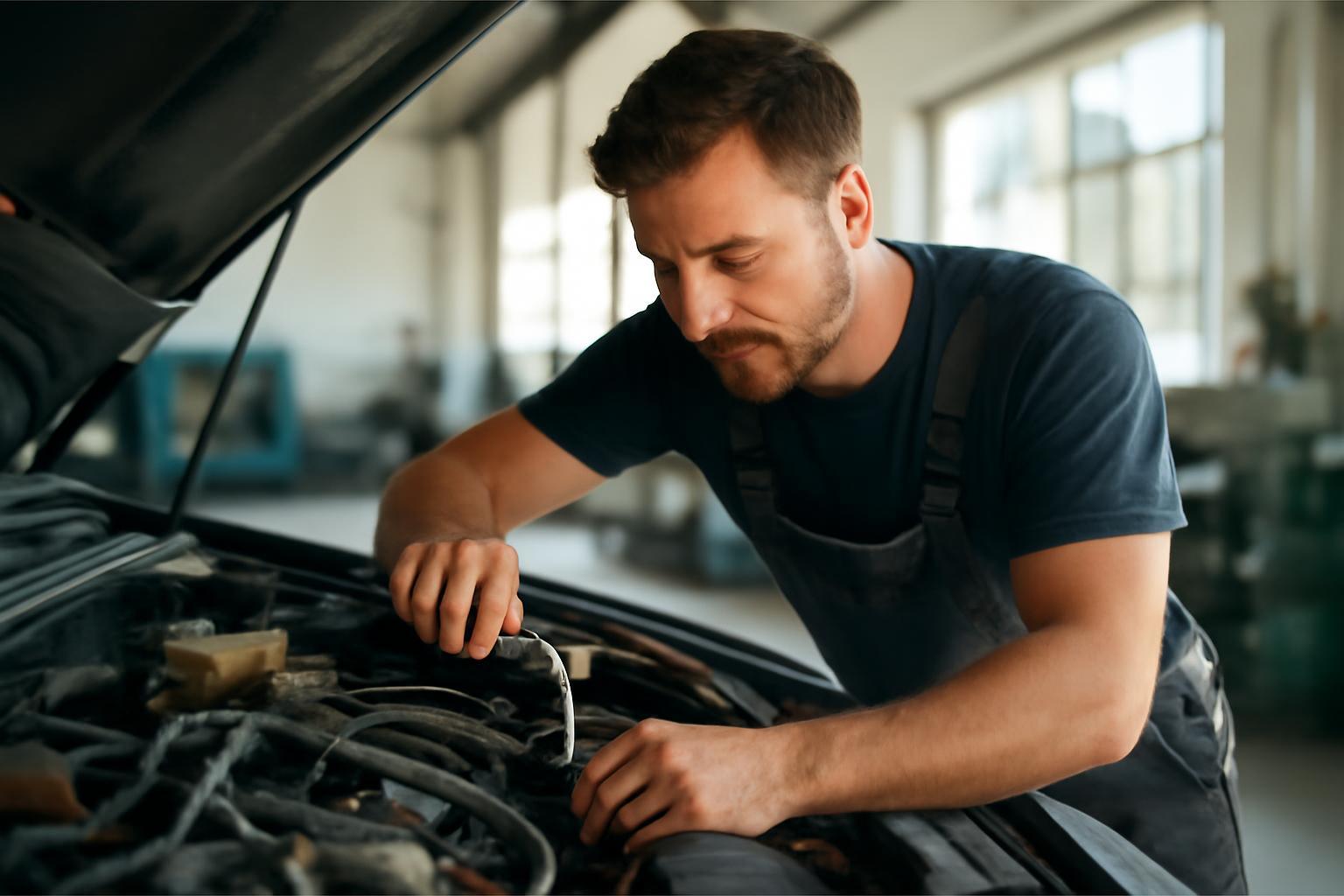 Egy autószerelő a motorháztető alatt dolgozik, figyelmesen ellenőrzi a jármű alkatrészeit.