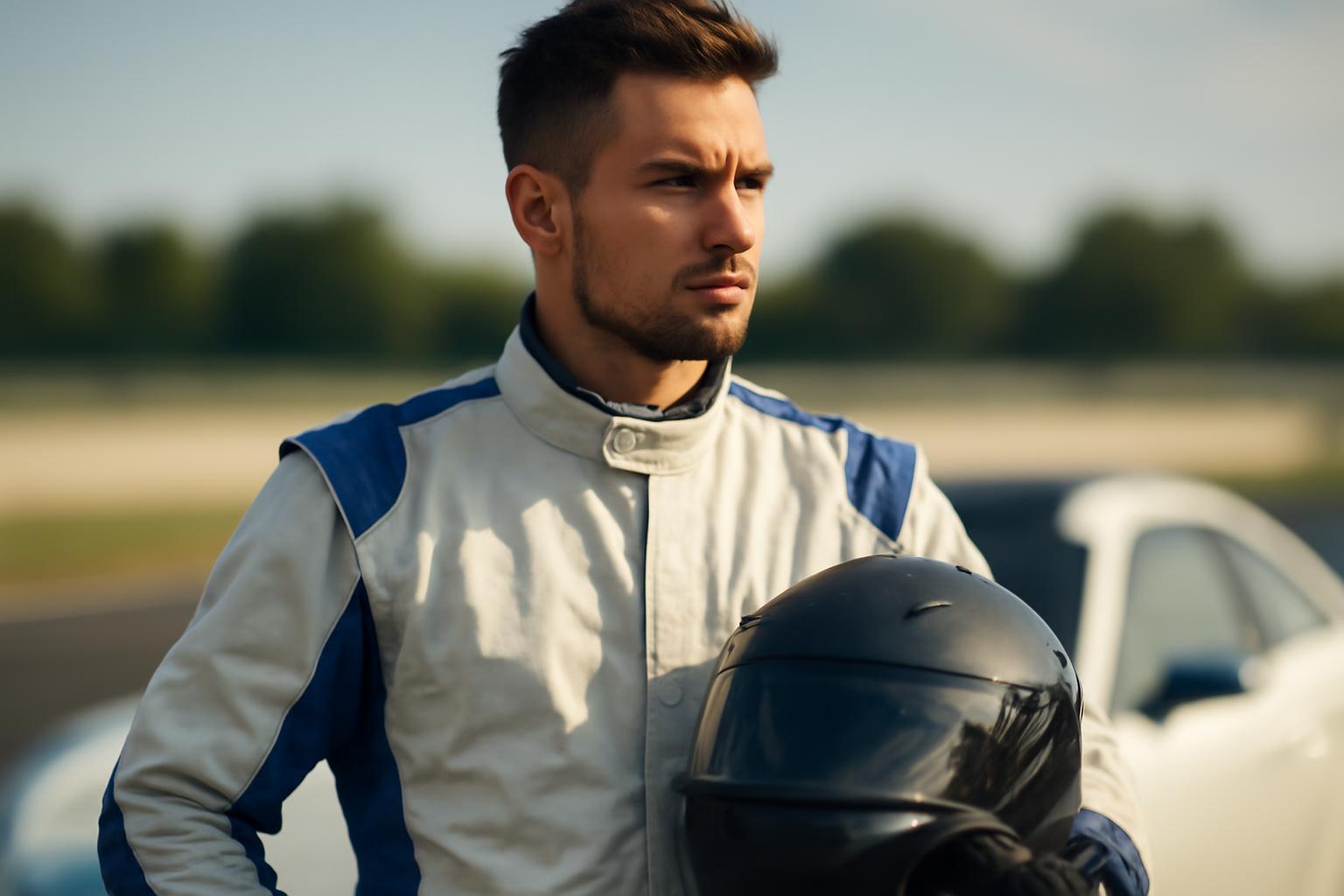 Egy autóversenyző áll a pályán, kezében a sisakjával, koncentrált arckifejezéssel.
