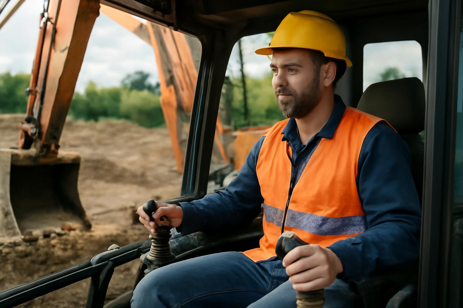 Egy baggerkezelő ül a gép vezérlőfülkéjében, figyelmesen irányítja a kotrógépet.