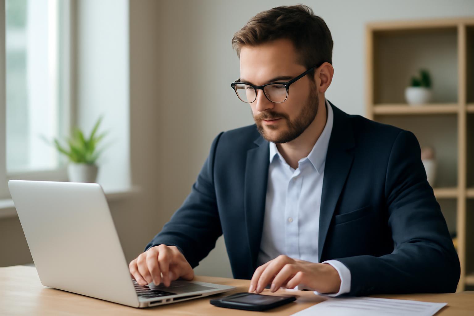 Egy banki tanácsadó laptop előtt ülve, figyelmesen dolgozik.
