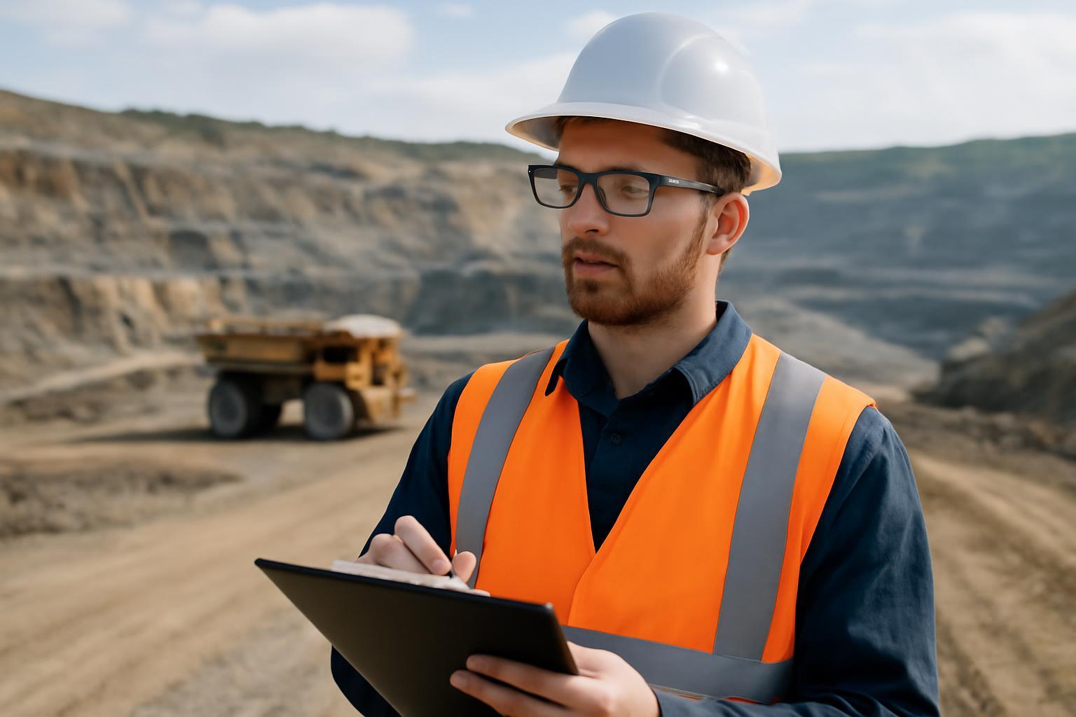 Bányamérnök munkavégzés közben, védősisakban és láthatósági mellényben.