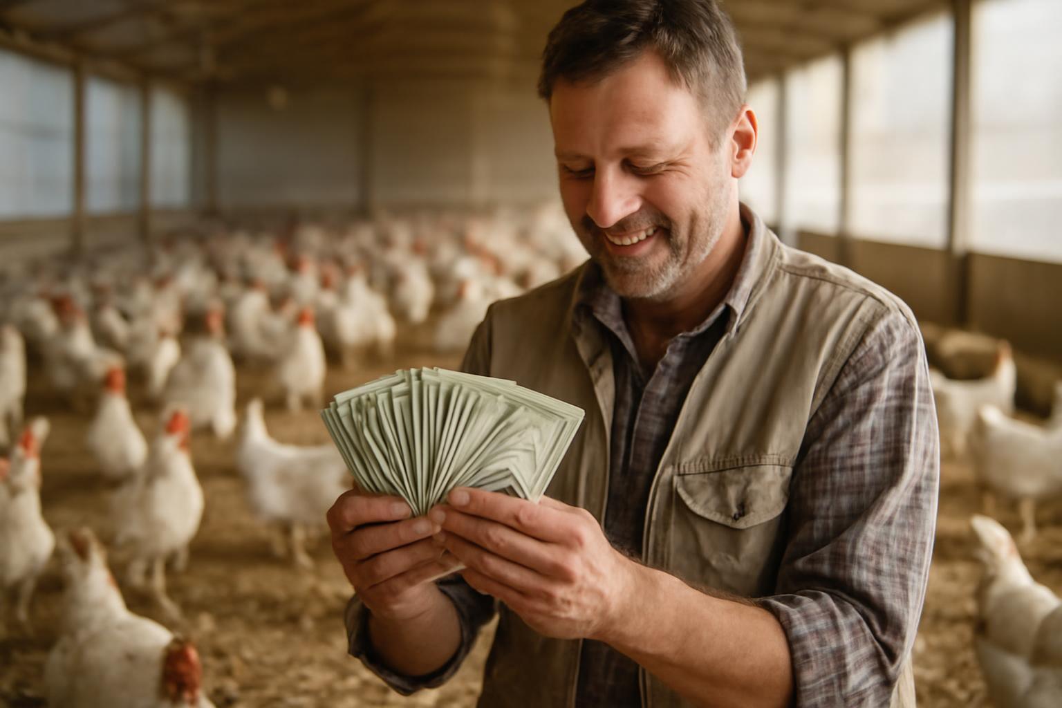 Egy baromfitenyésztő boldogan nézi a kezében tartott pénzt, miközben tyúkok vannak a háttérben.