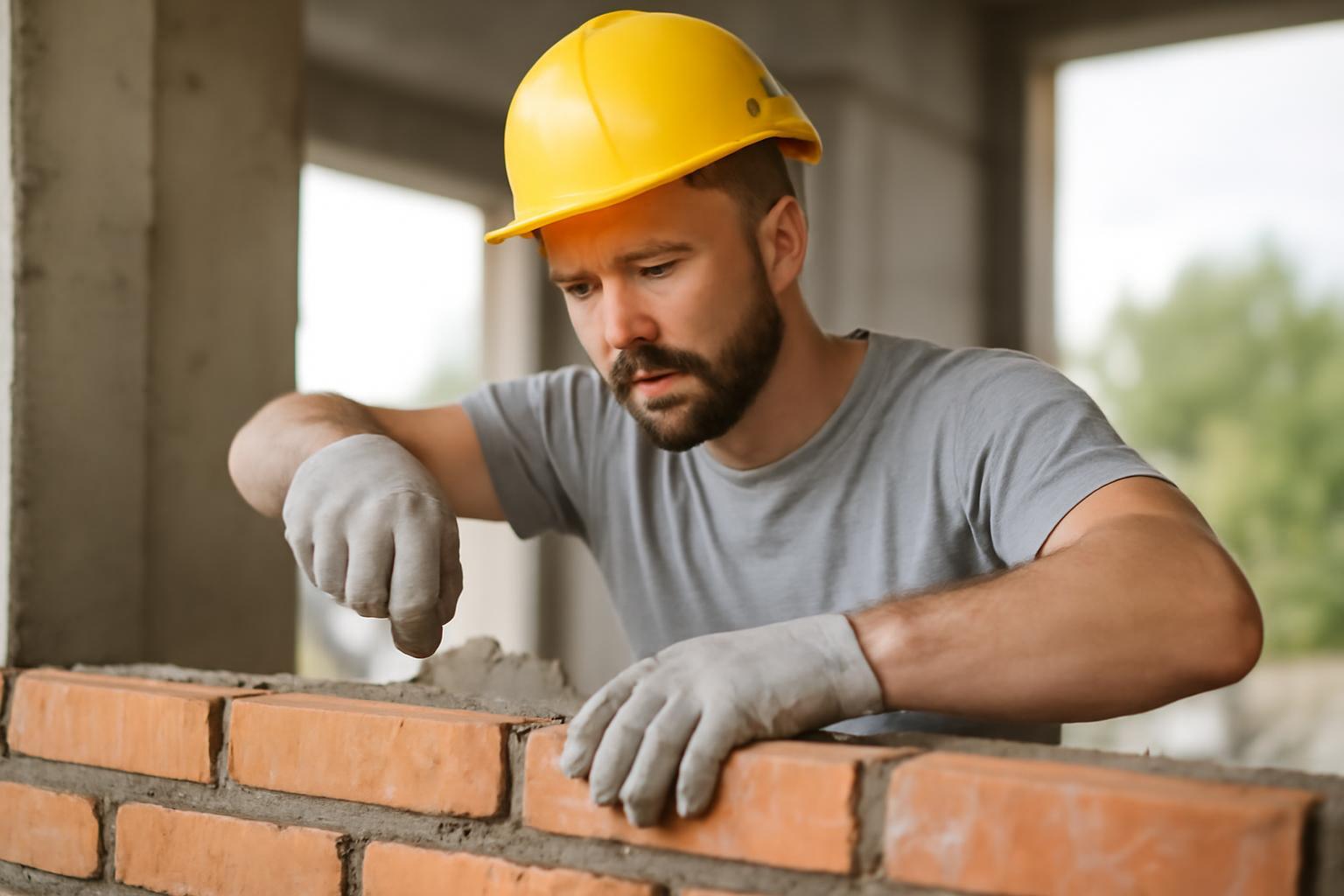 Egy befejező kőműves téglát rak a falra, figyelmesen dolgozik.