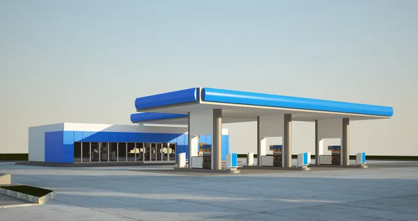 Modern benzinkút, üzemanyag-töltő állomásokkal és boltépülettel.