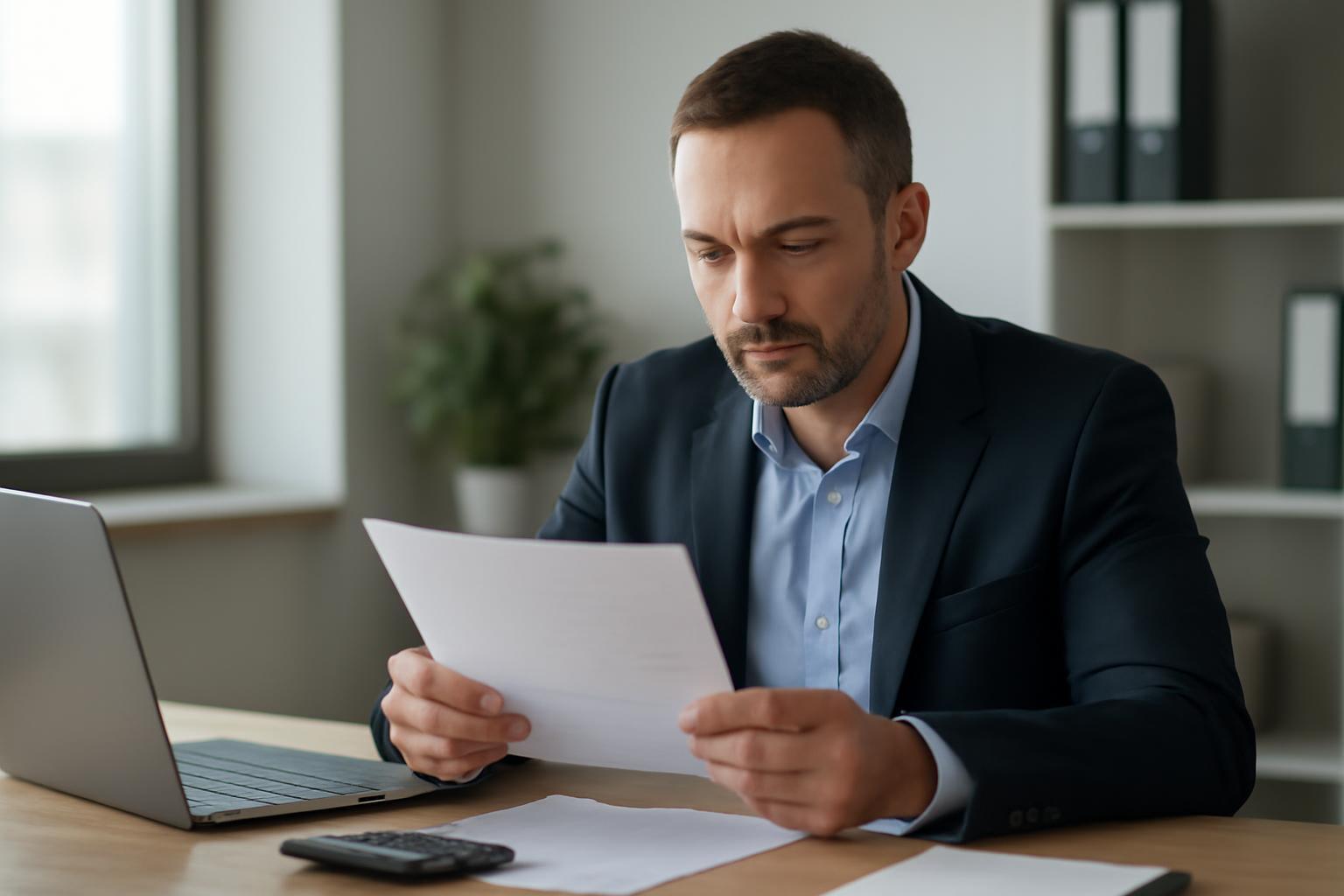 Egy beszerzési vezető, aki egy dokumentumot olvas az irodájában.