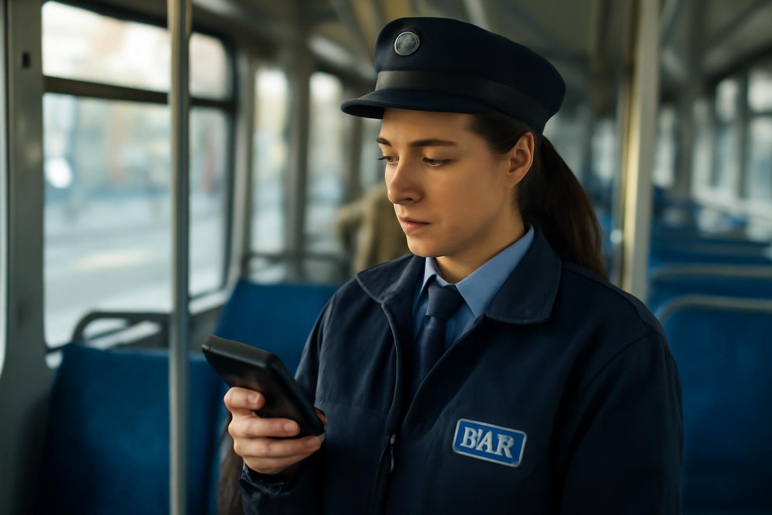 BKV-ellenőr a villamoson, telefonját nézi, munka közben.