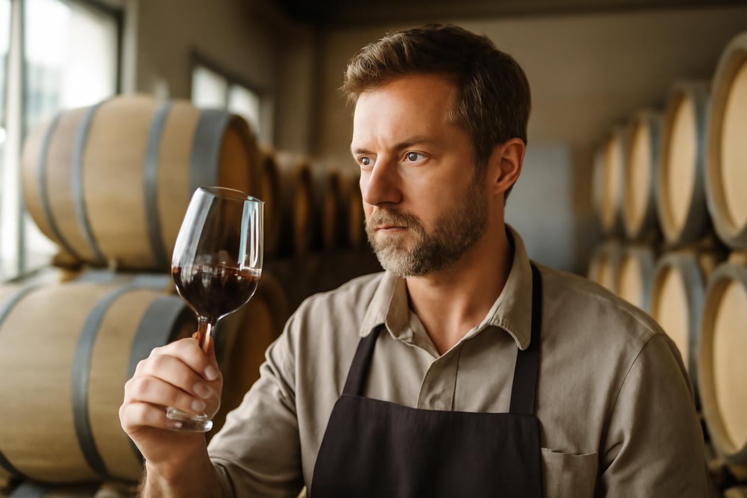 Egy borász vörösbort kóstol egy pincében, háttérben boroshordók.