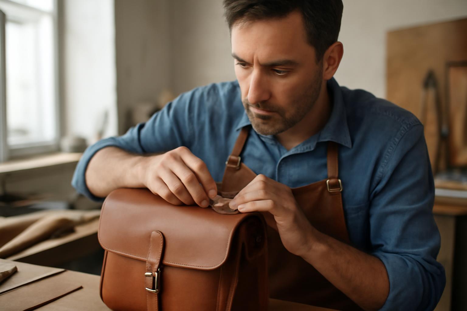 Egy bőrdíszműves a műhelyében egy bőr táska részleteivel dolgozik.