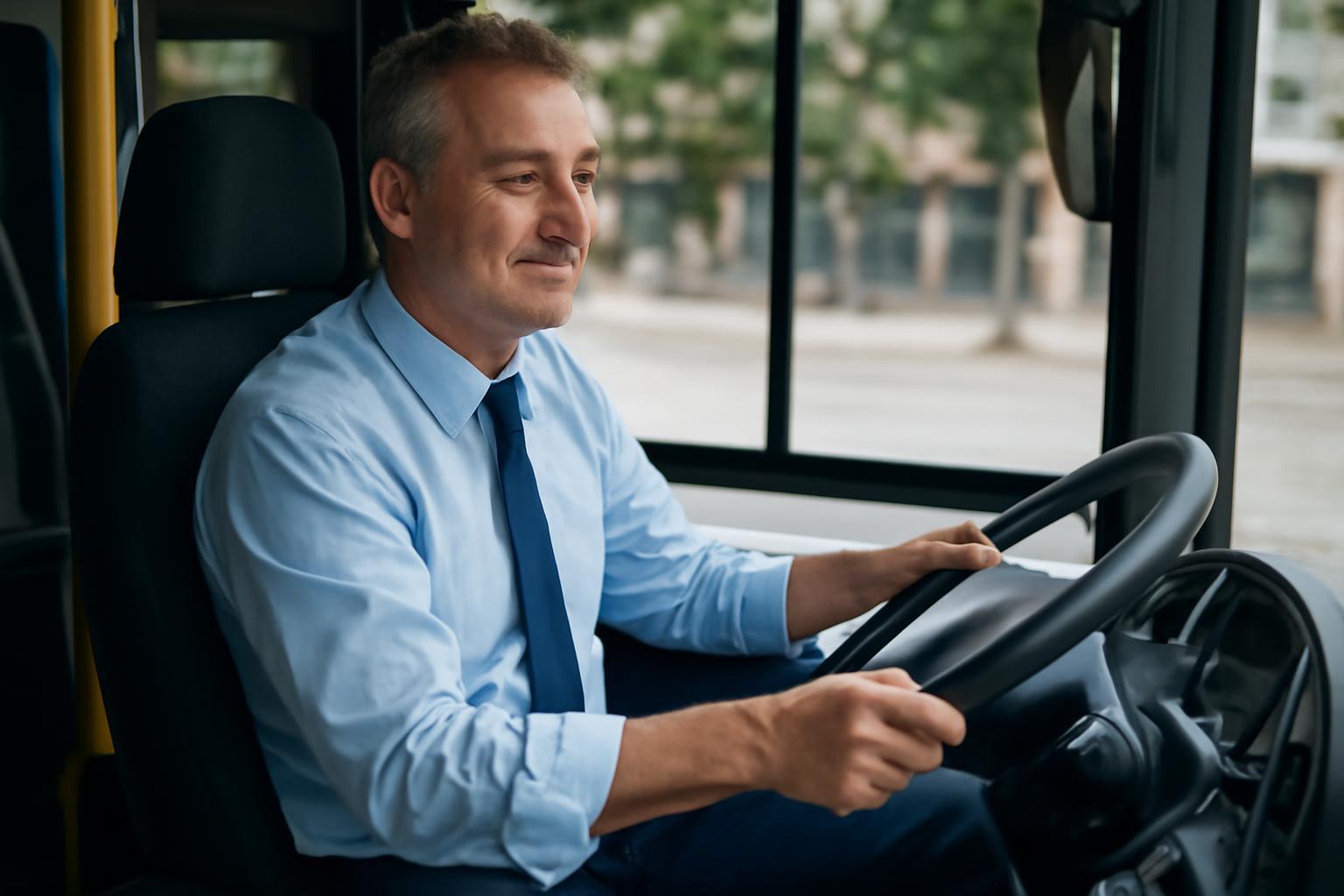 Egy buszsofőr ül a volánnál, mosolyogva vezeti a buszt.
