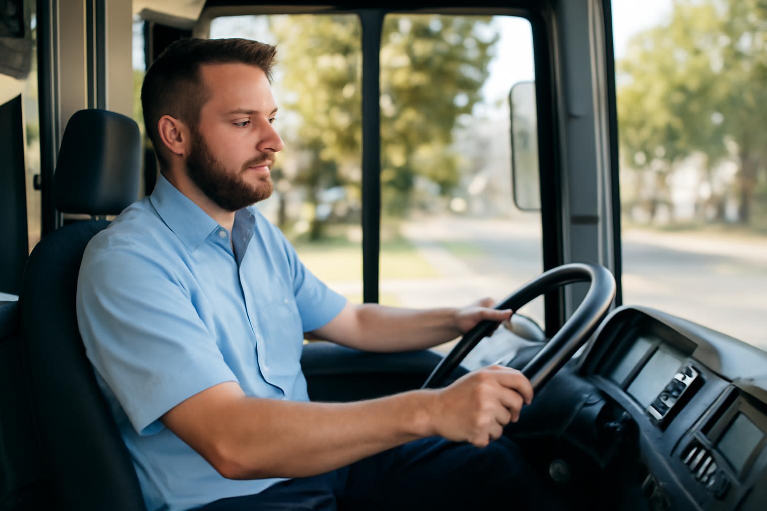 Egy buszsofőr a volánnál ül, figyelmesen vezet egy autóbuszt.
