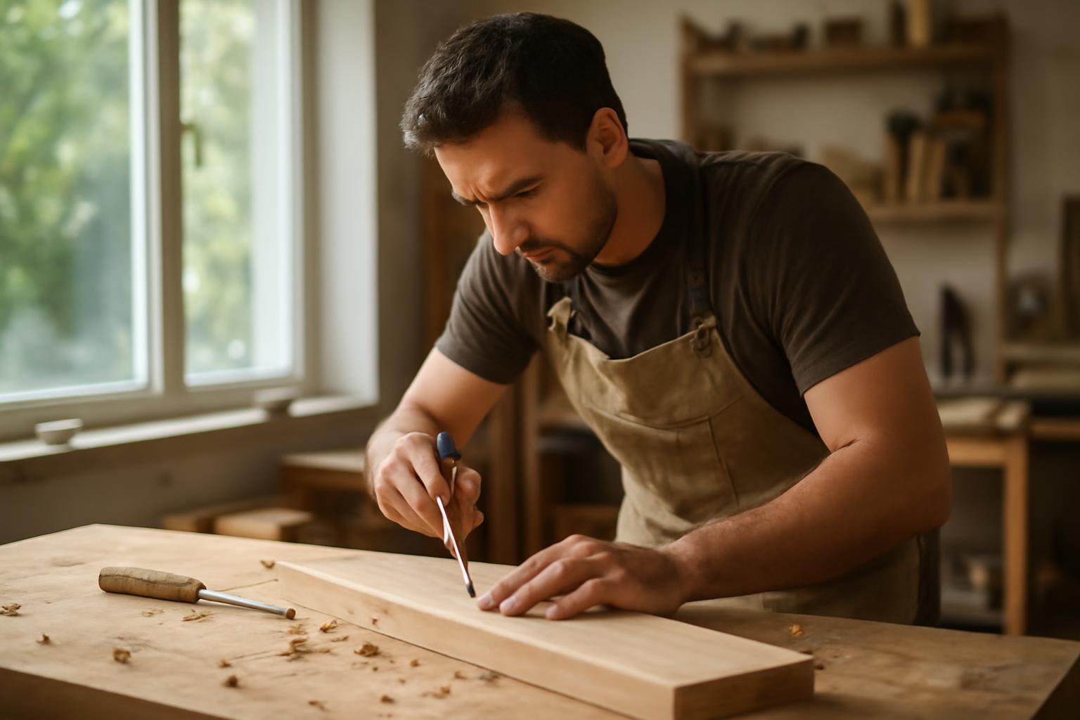 Egy bútorasztalos precízen dolgozik egy faanyagon, figyelmesen méri a vágást.