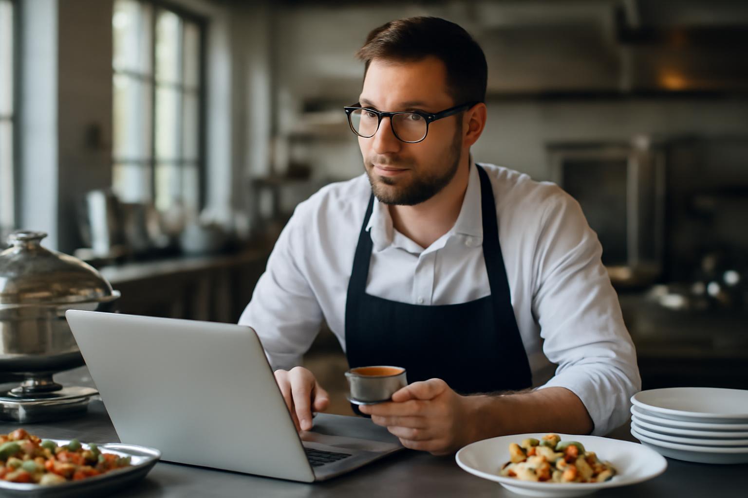 Catering manager dolgozik laptopján, étkezési lehetőségekkel körülvéve.