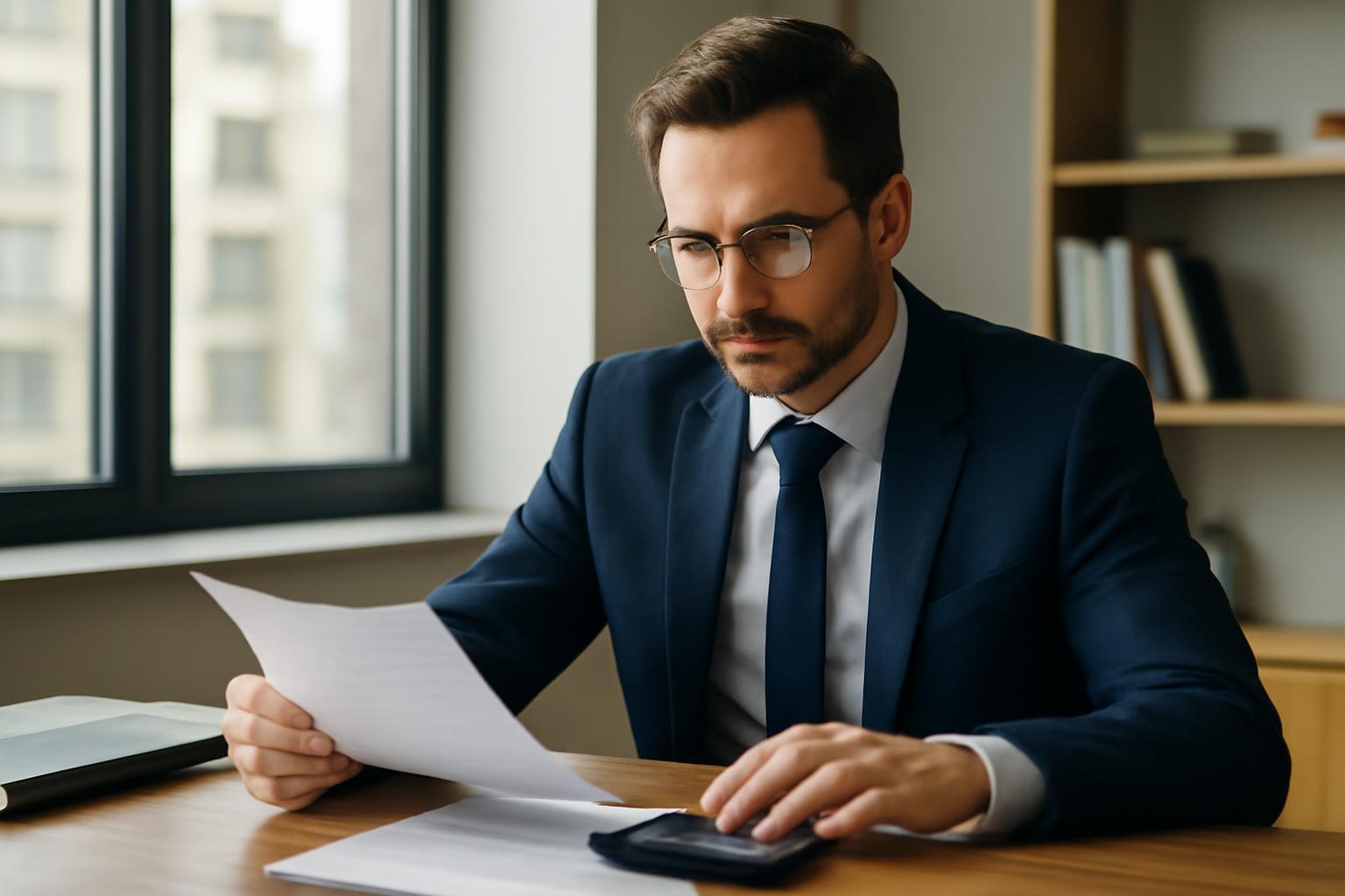 Cégjogi szakértő papírokat néz, miközben számológépet használ.