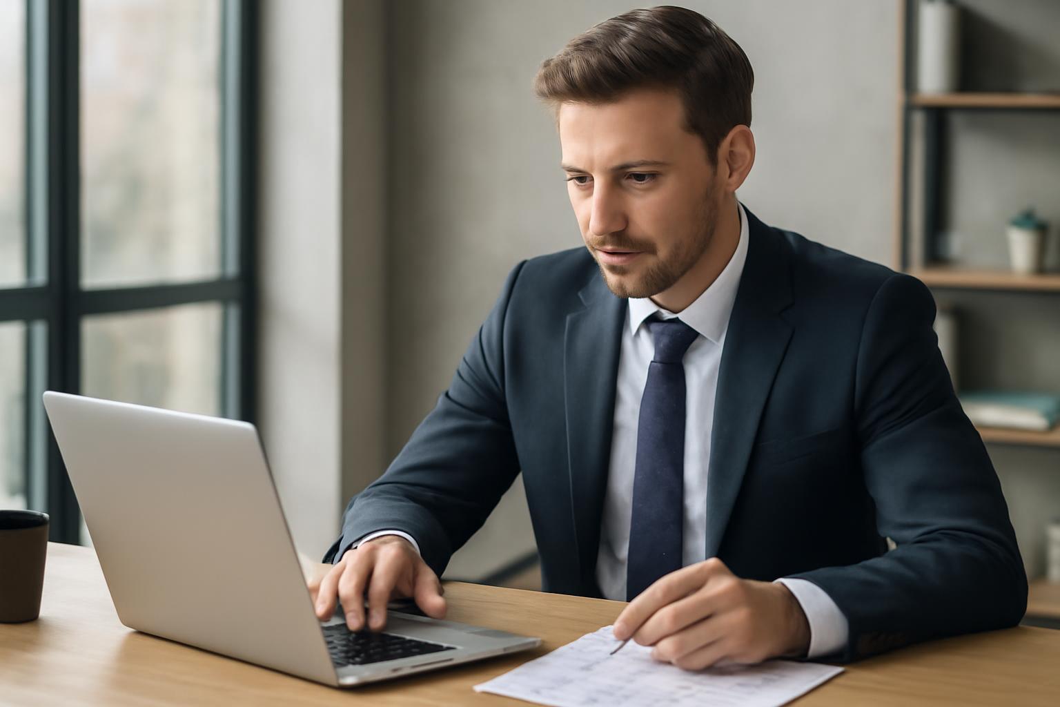 Egy cégvezető öltönyben, laptop előtt ülve, figyelmesen dolgozik.