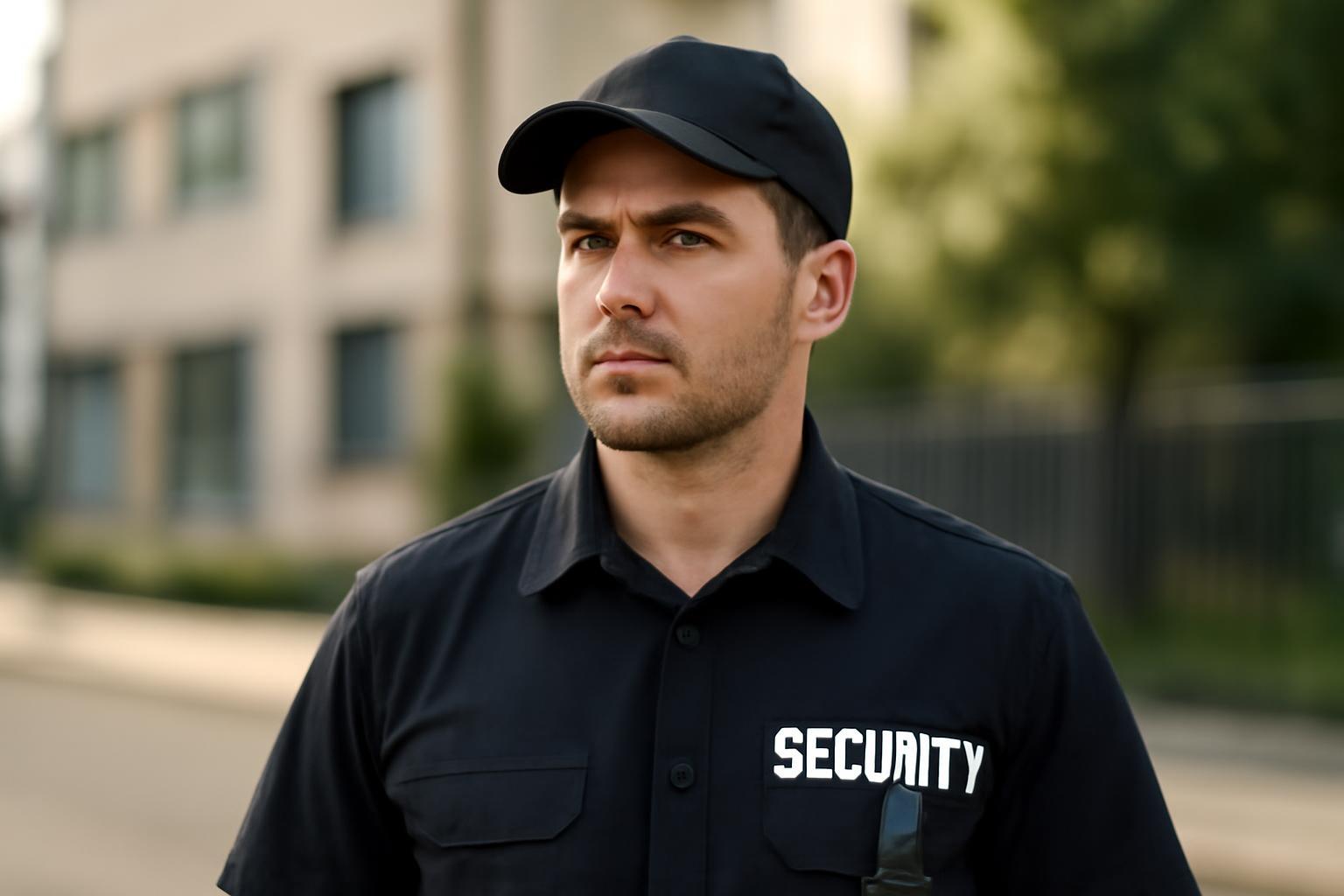 Egy civil biztonsági őr, fekete egyenruhában, komoly arckifejezéssel, városi környezetben.