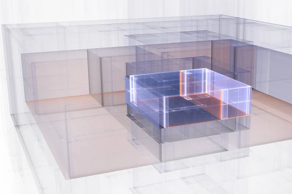 Digitális műszaki rajz, átlátszó elemekkel, építészeti tervezéshez.