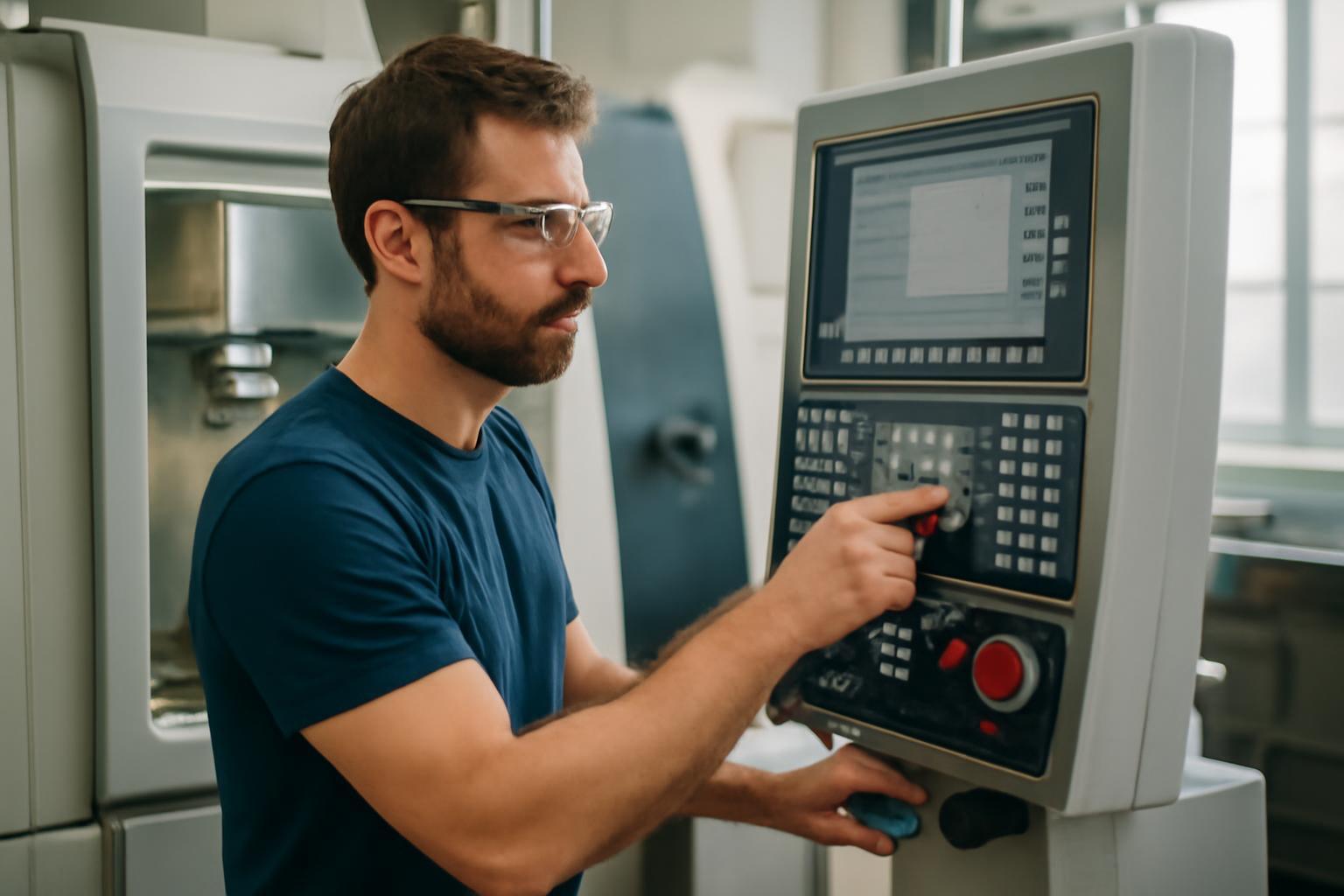CNC-gépkezelő egy gép vezérlőpaneljén dolgozik, figyelmesen állítja be a paramétereket.