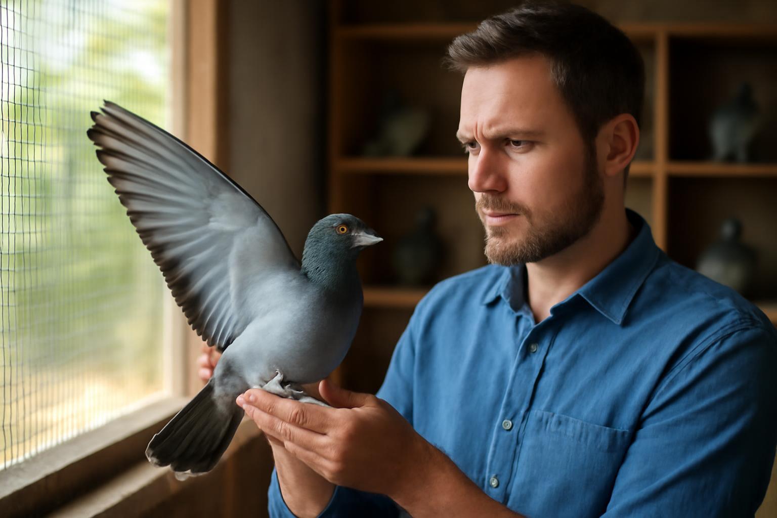 Egy férfi cobolytenyésztéshez kapcsolódó galambot tart a kezében.
