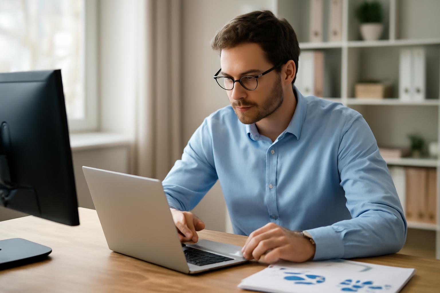 Egy fiatal férfi számítógépen dolgozik, CRM szoftverrel foglalkozik.