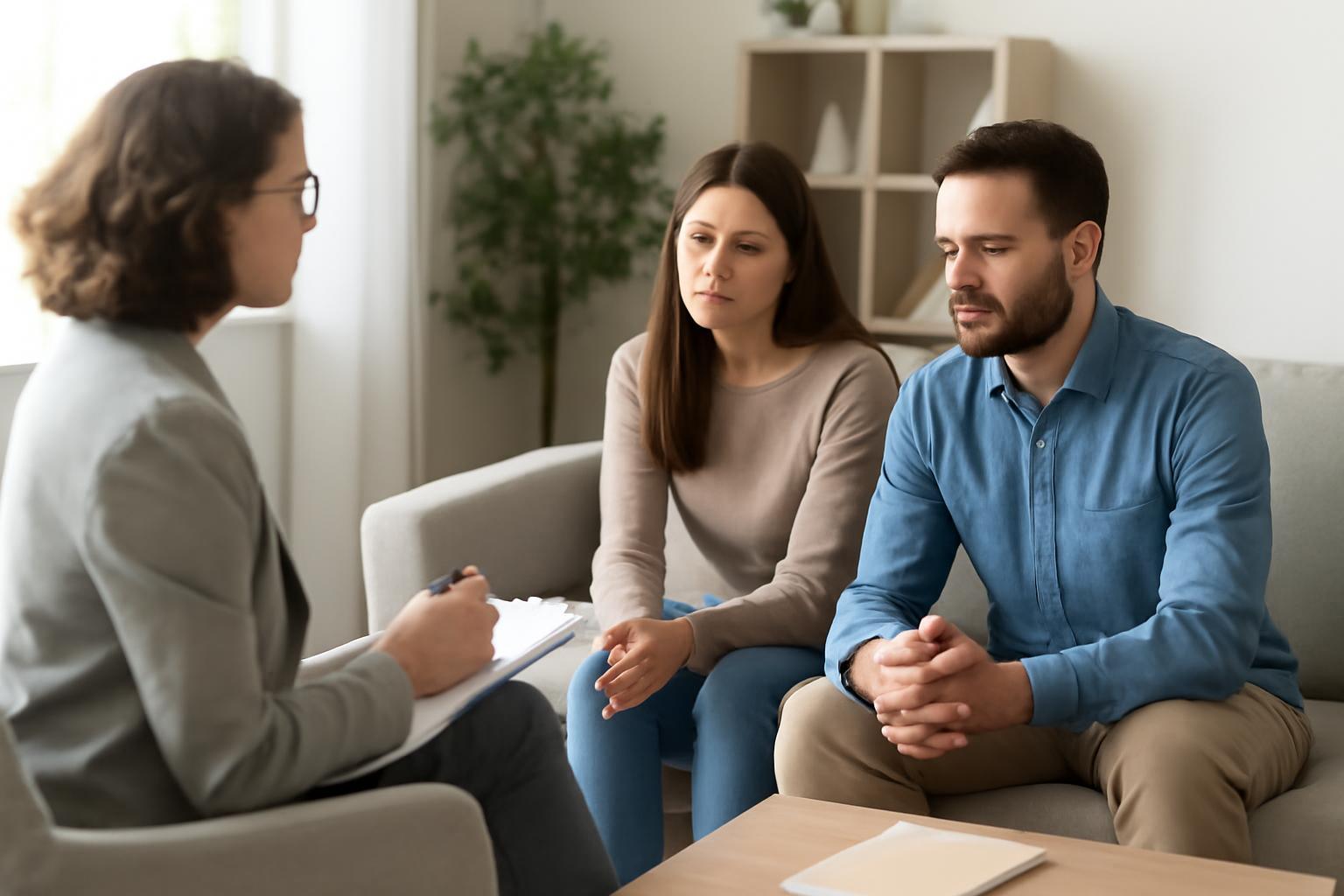 Családterapeuta ül egy kanapén, miközben egy pár figyelmesen hallgatja.