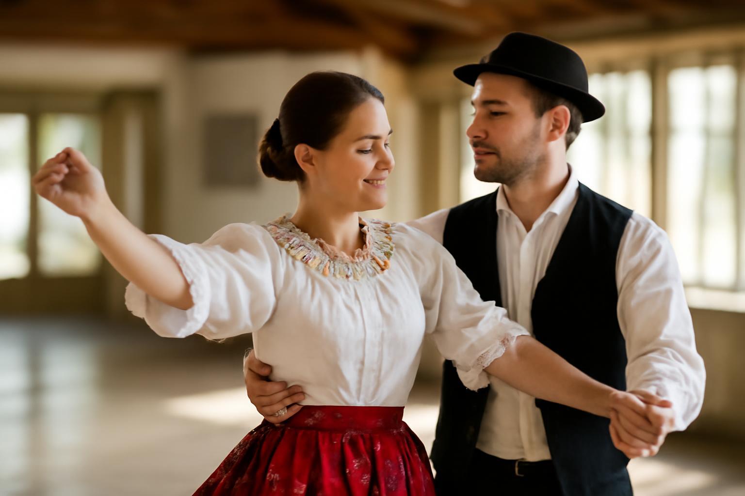 Két néptáncos csárdást táncol egy tágas teremben, hagyományos ruhában.