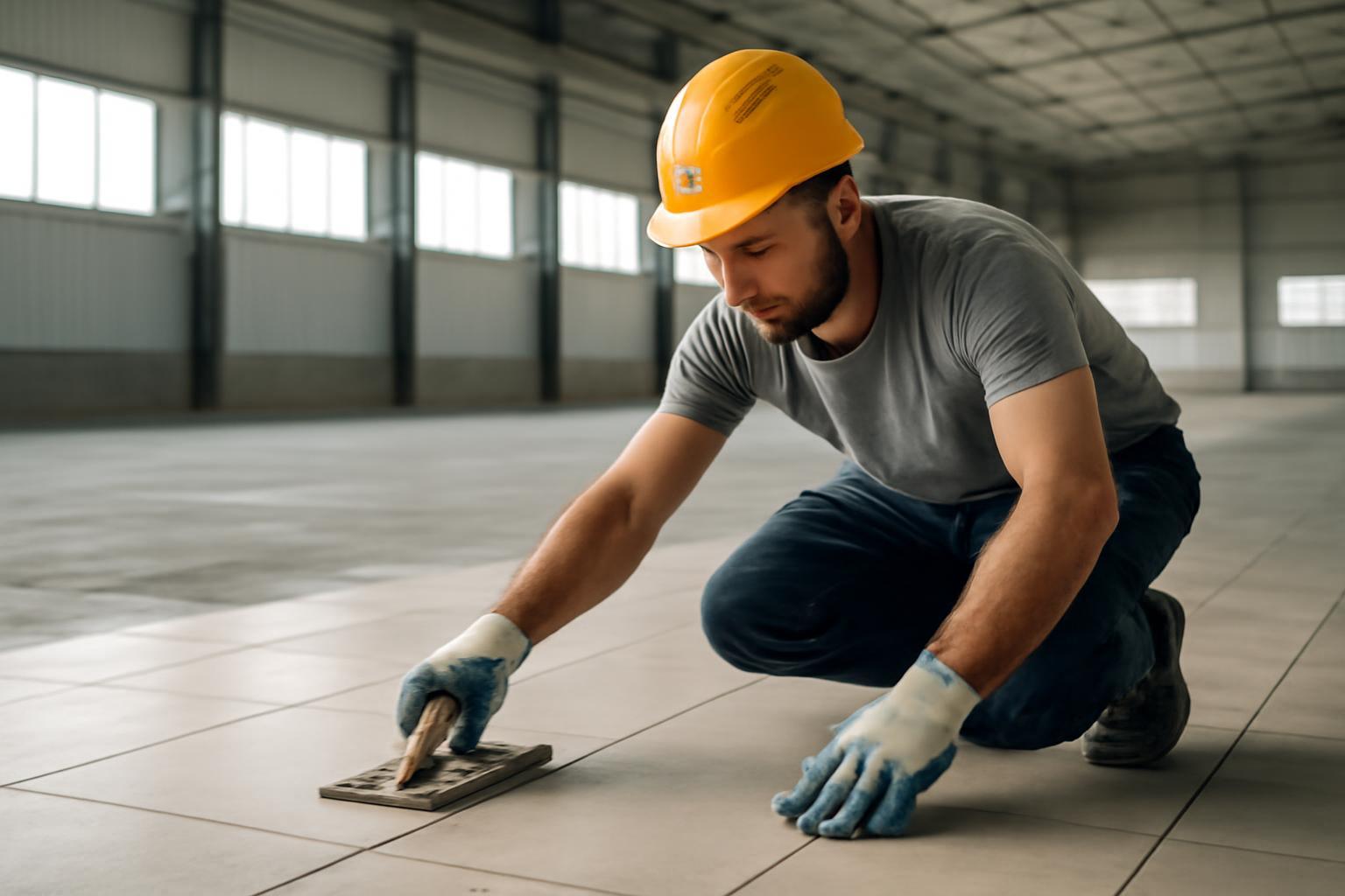 Egy csarnokburkoló a padlót burkolja, figyelmesen dolgozik egy nagy térben.