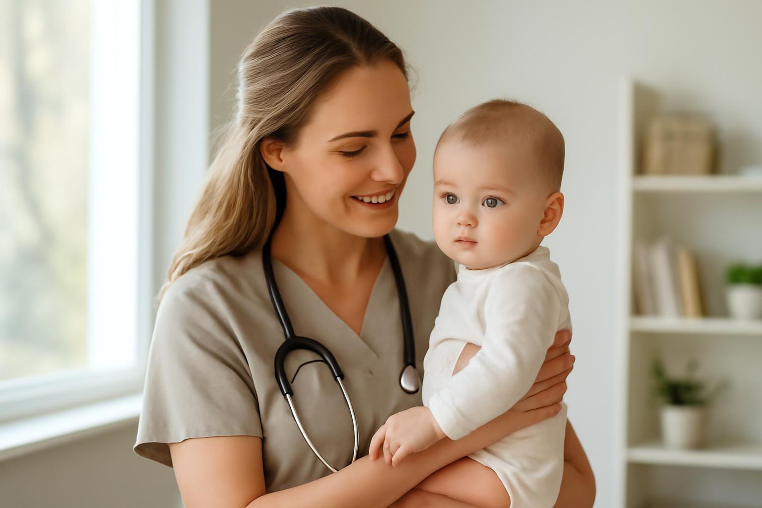 Egy csecsemő- és gyermekápoló mosolyogva tart a karjában egy kisbabát.