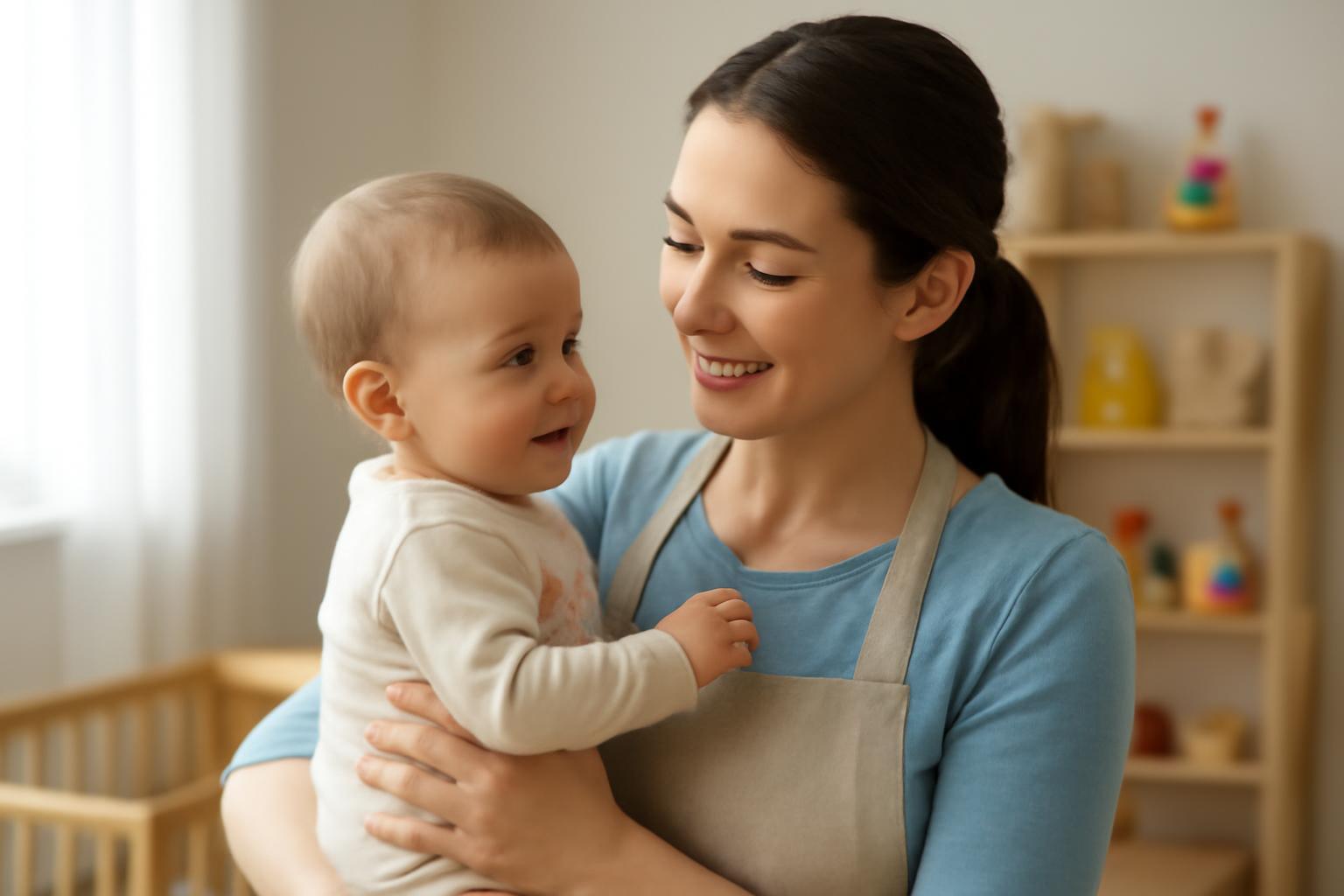 Egy csecsemő- és kisgyermeknevelő mosolyogva tart a karjában egy kisbabát.
