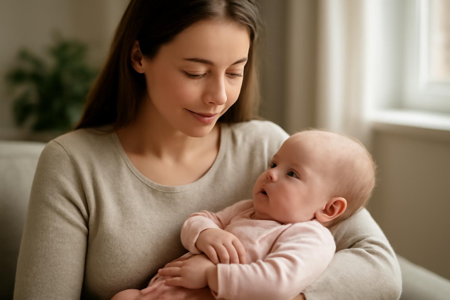 Csecsemőgondozó, aki egy kisbabát tart a karjában, szeretetteljes pillantással.