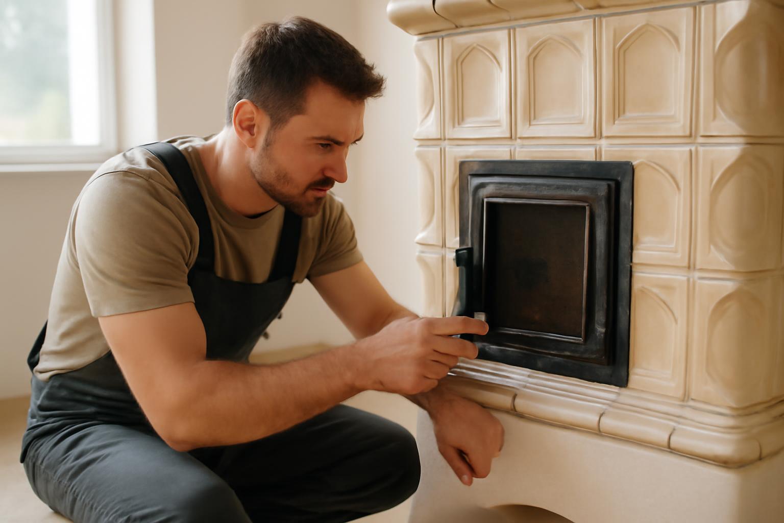 Egy cserépkályha építő a kályha ajtaját ellenőrzi, figyelmesen dolgozik.
