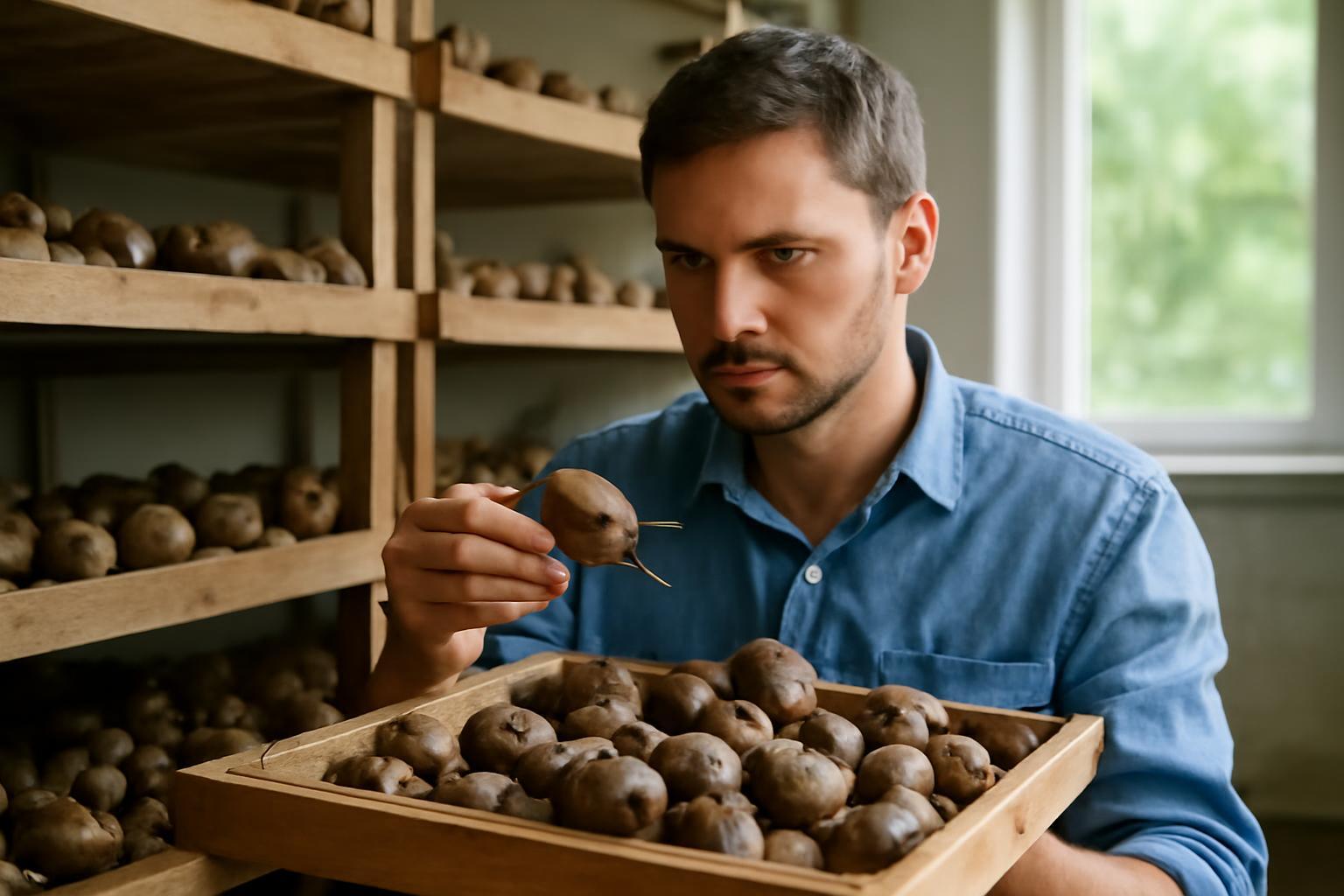 Egy férfi csigákat vizsgál egy fából készült tálcán, háttérben csiga-tenyésztéshez szükséges eszközökkel.