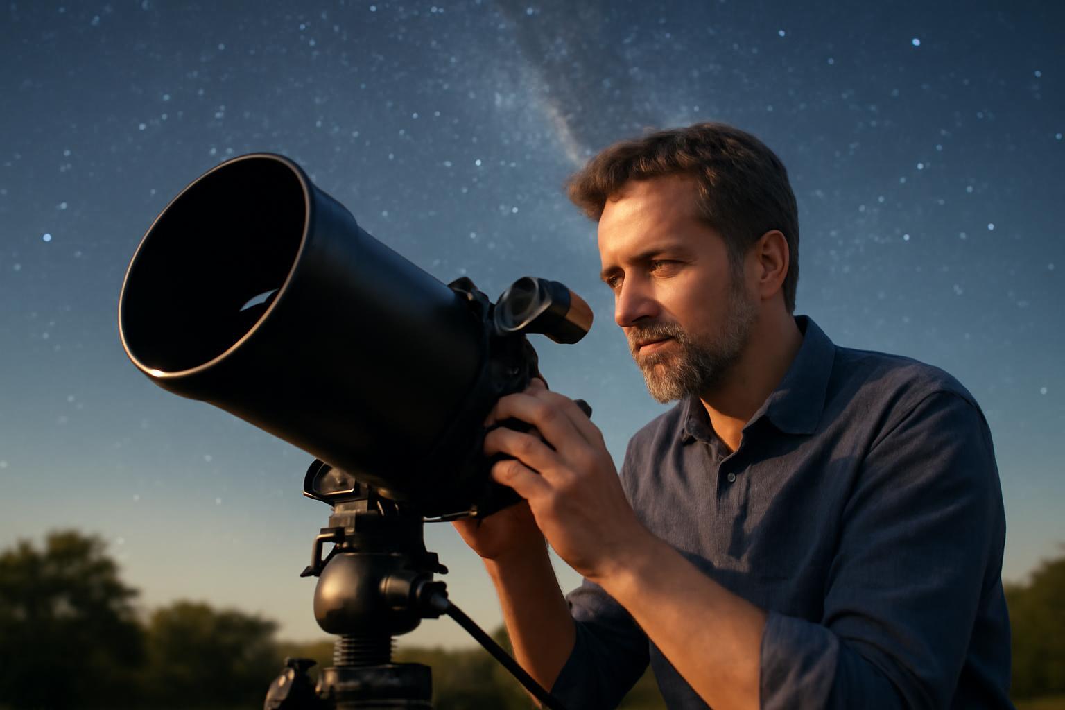Egy csillagász távcsővel figyeli az éjszakai égboltot.